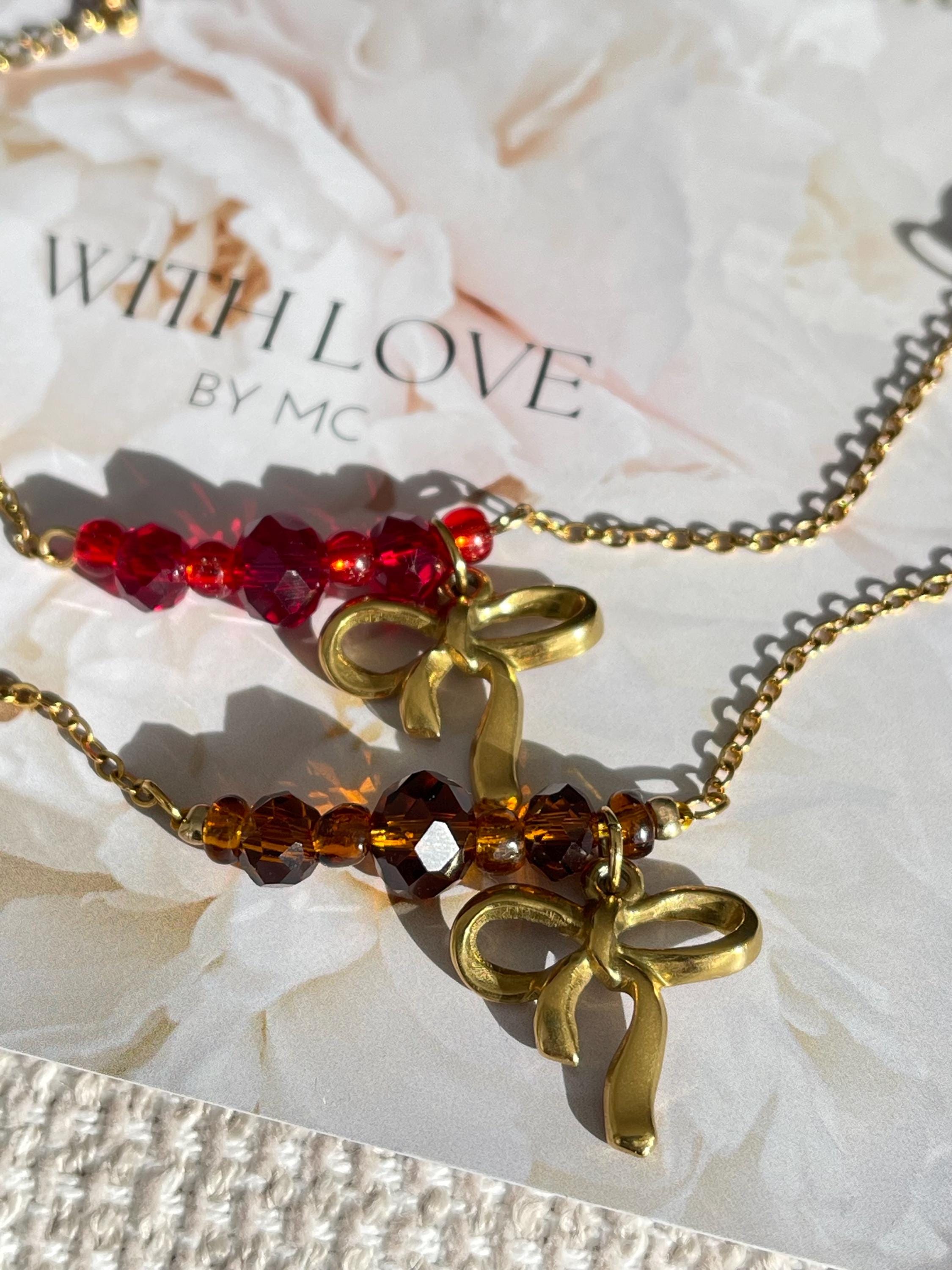 Handgemaakte glas kralen armband – Bow, Heart, bruin & burgundy red, 18K Gold Plated