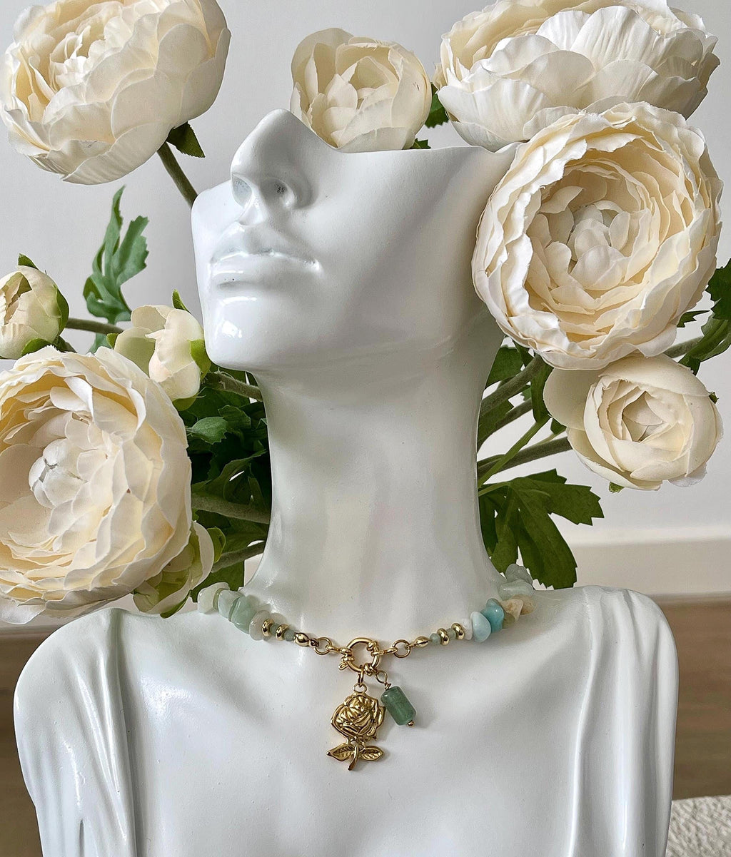 Amazonite Chip Bracelet/Necklace with 18K Gold Plated Rose & Aventurine Pendant – Natural Gemstone Jewelry | SET