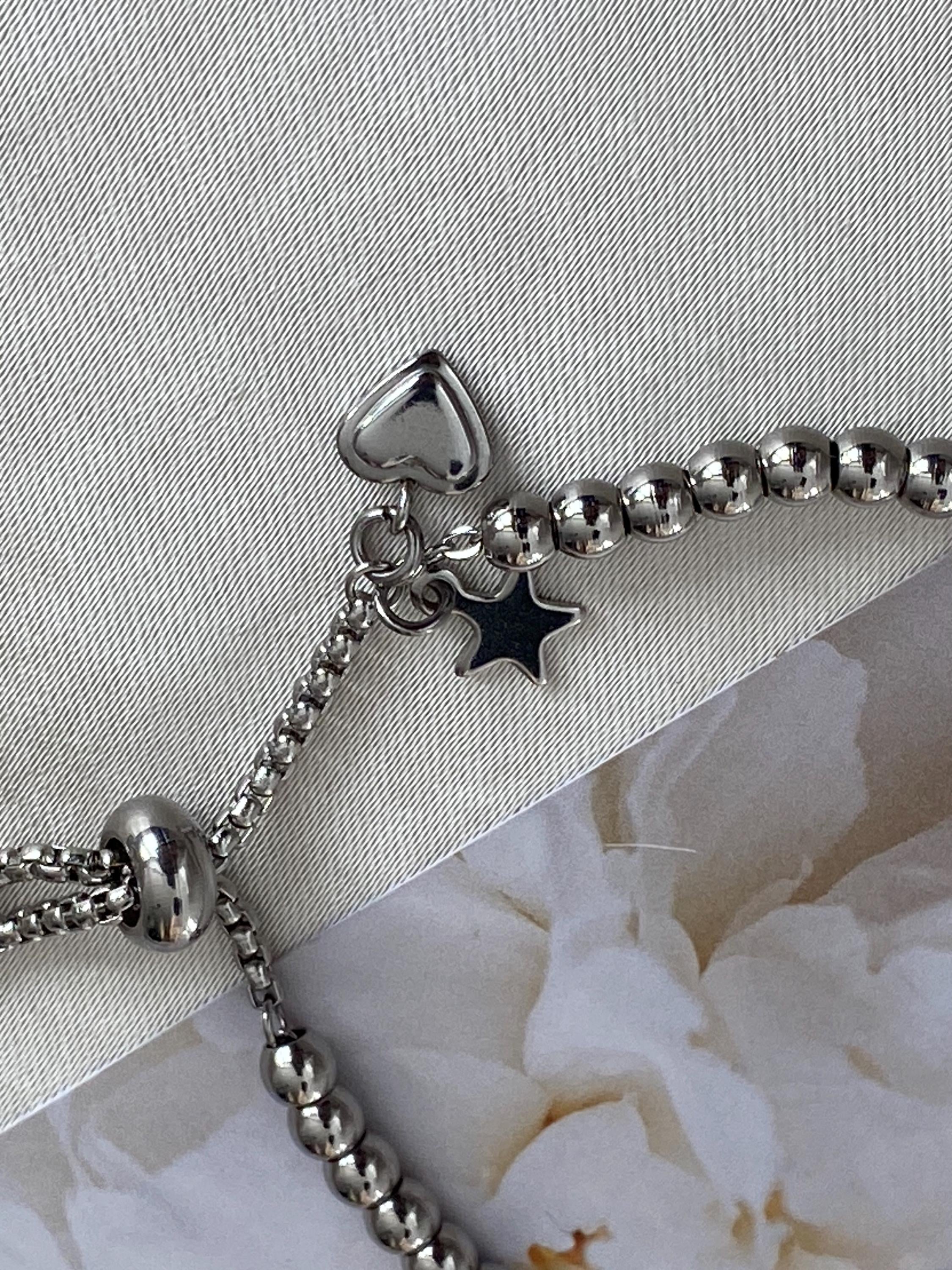 Minimalistische Titanium Steel Armband met Hart en Ster Bedel – Elegant ball beads Design