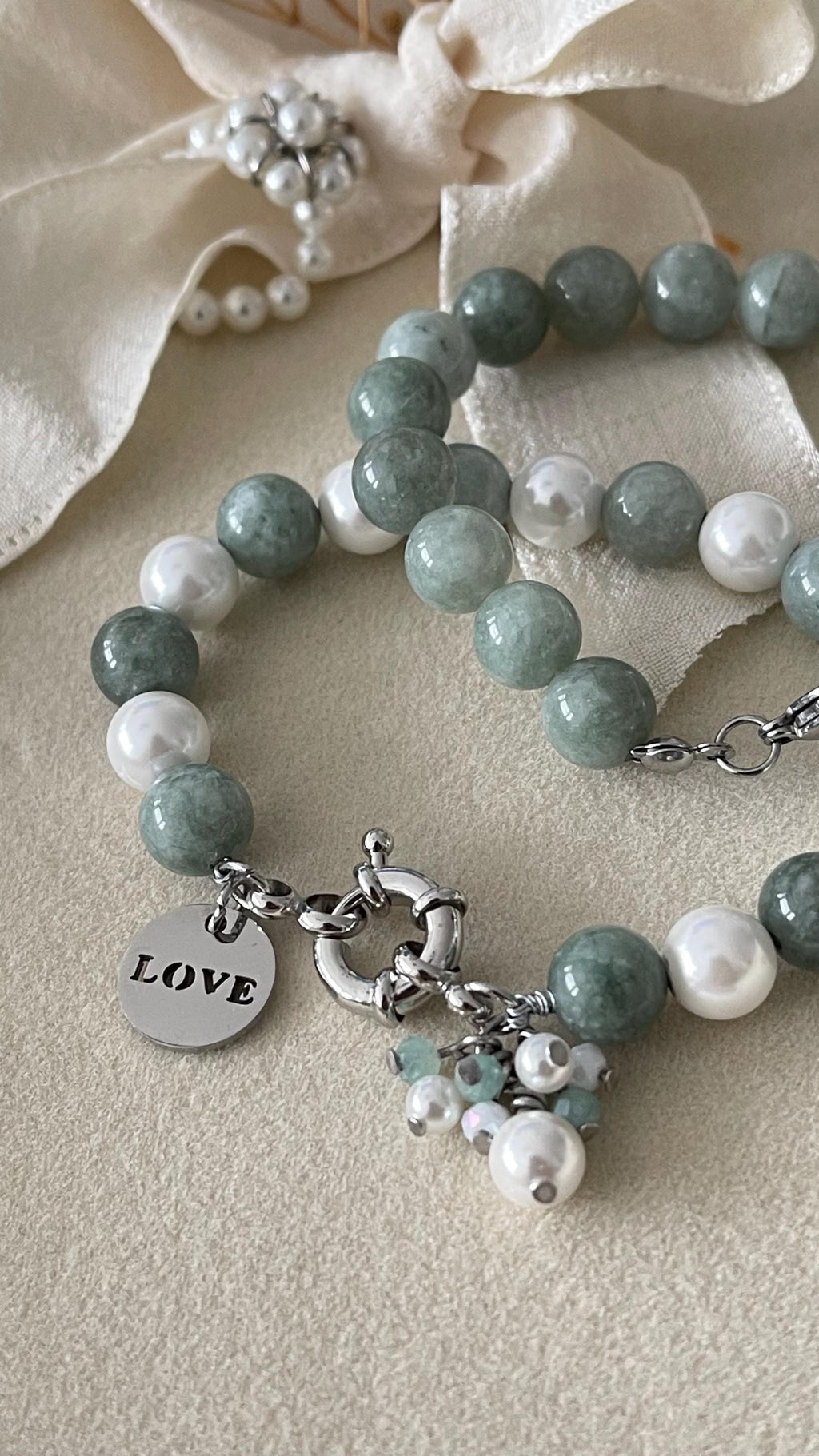 Natural Dyed White Jade Beads Bracelet Set Silver