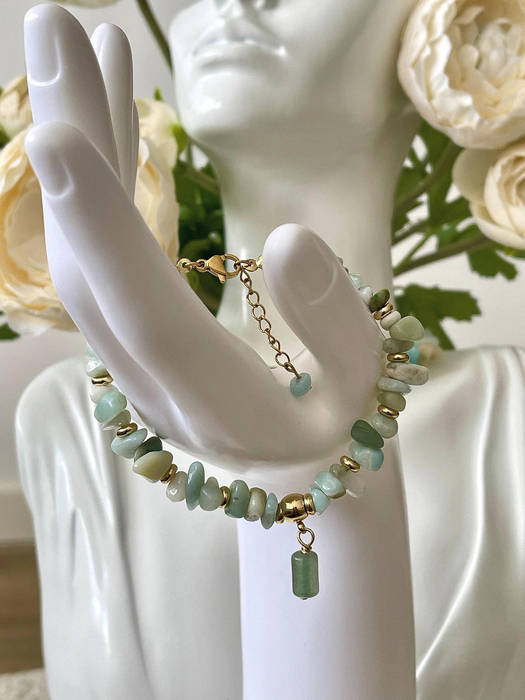 Amazonite Chip Bracelet/Necklace with 18K Gold Plated Rose & Aventurine Pendant – Natural Gemstone Jewelry | SET