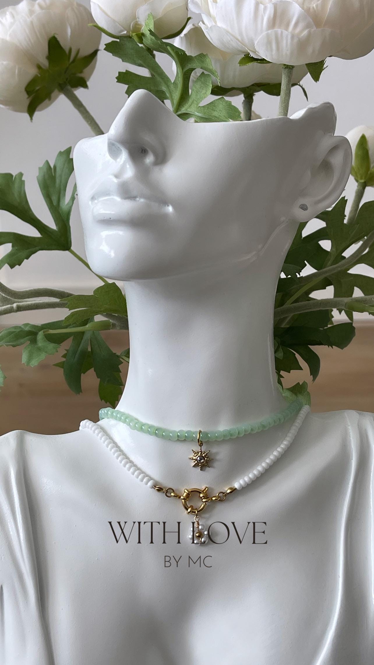 Gorgeous Green glas kralen ketting | groene kralen met 18K vergulde RVS ster hanger en zirconia | handgemaakt sieraad
