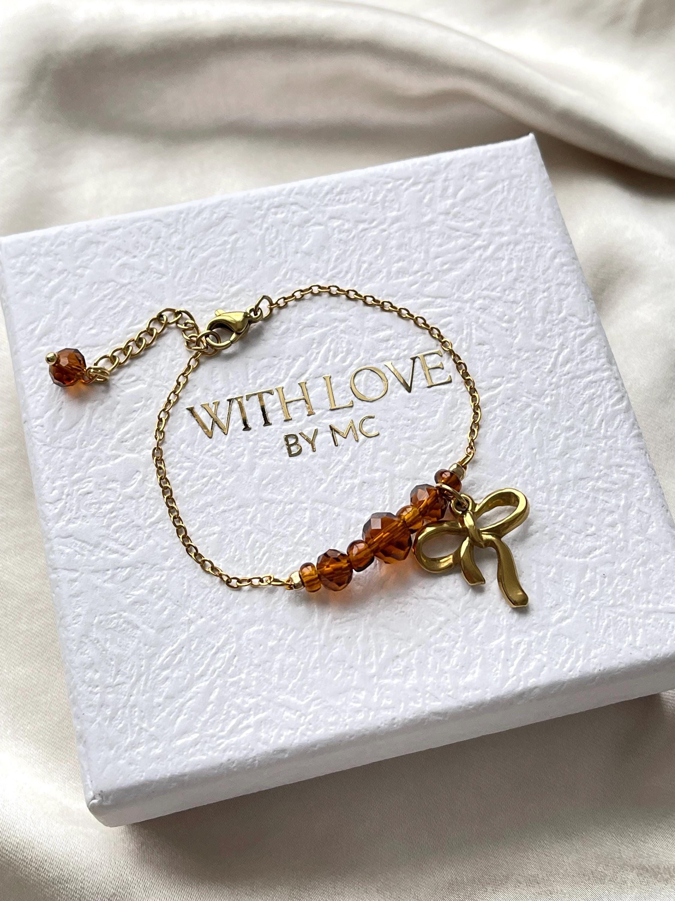 Handgemaakte glas kralen armband – Bow, Heart, bruin & burgundy red, 18K Gold Plated