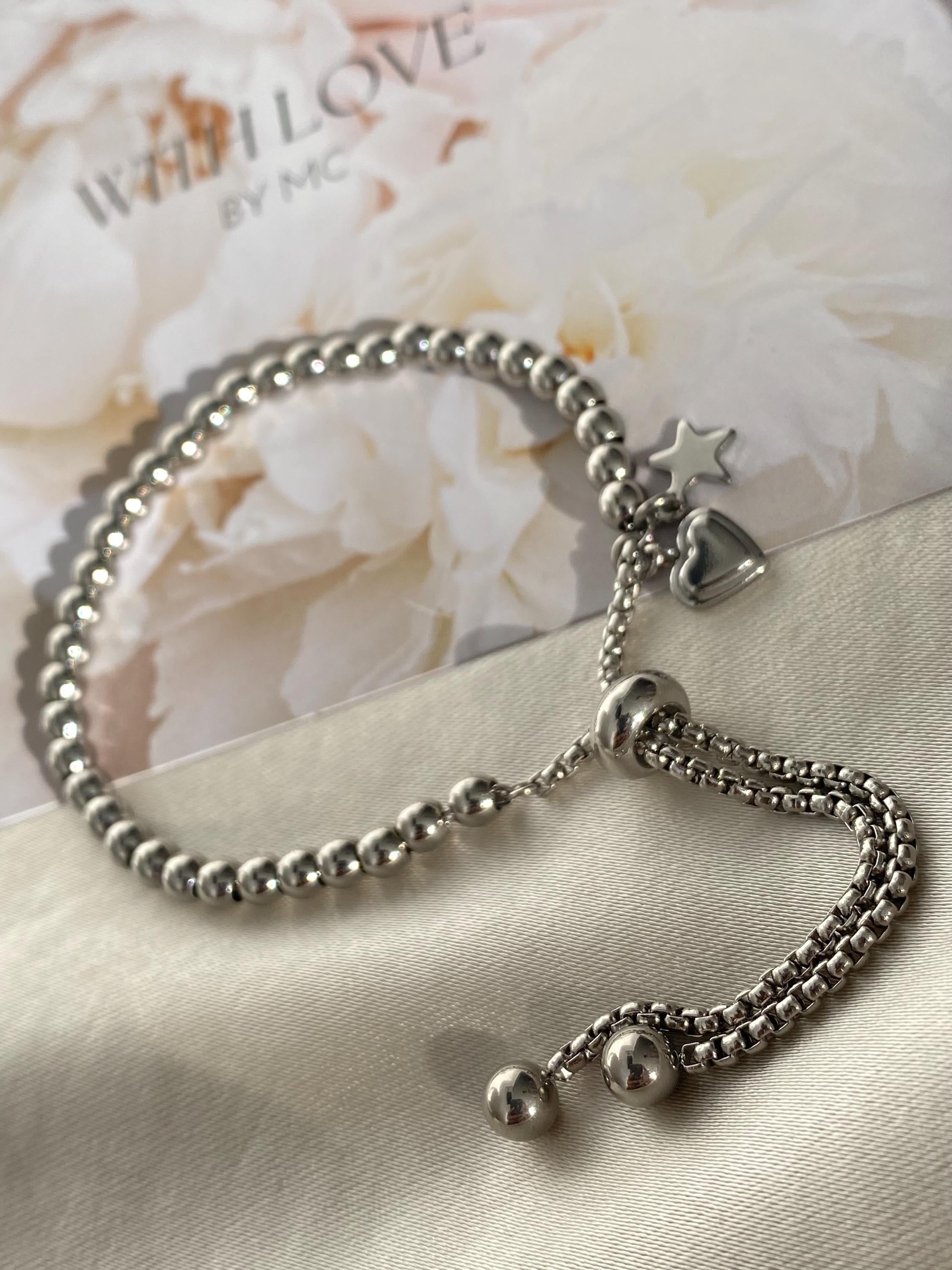 Minimalistische Titanium Steel Armband met Hart en Ster Bedel – Elegant ball beads Design