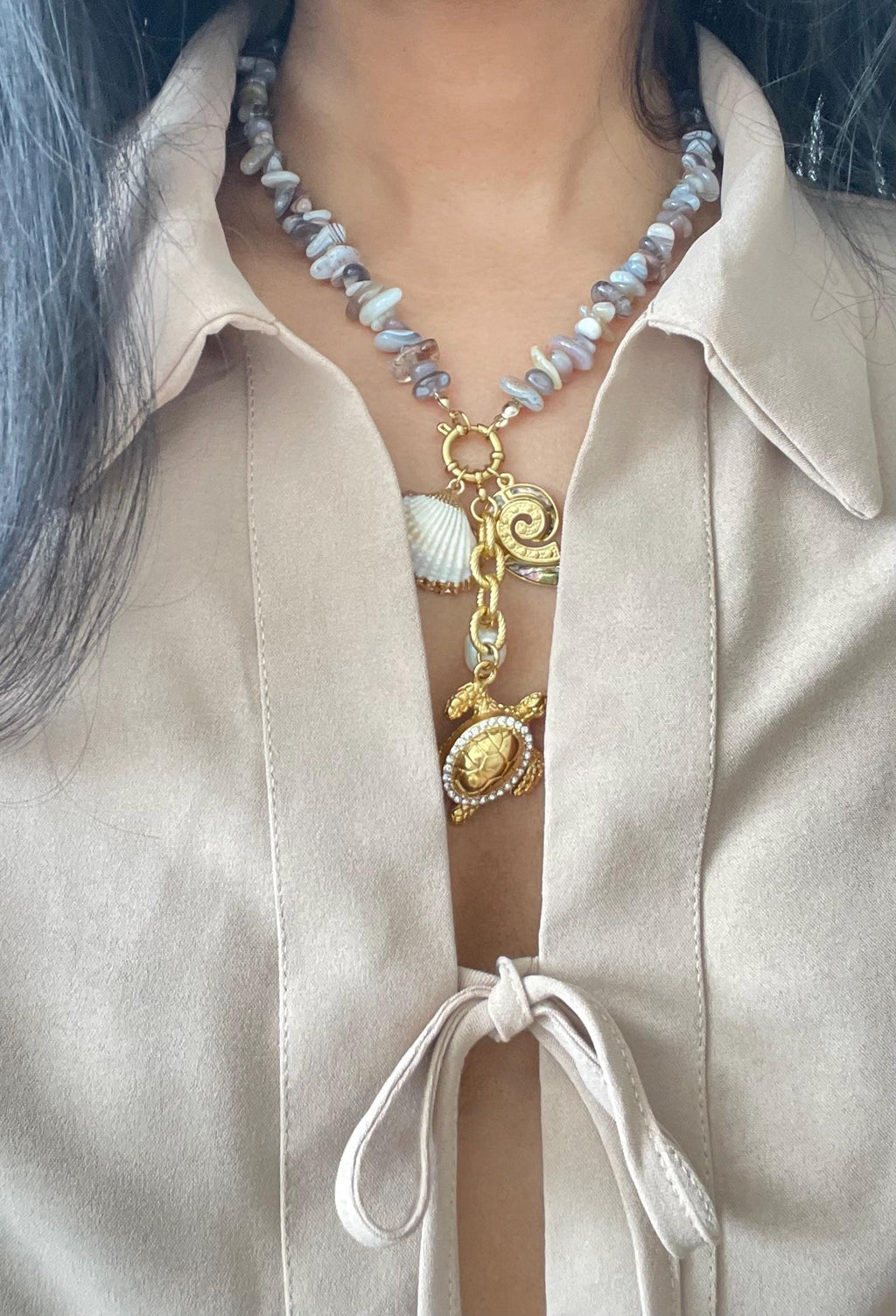 Natuurlijke Edelsteen Botswana Agate Chip met Stainless steel Schilpad en natuurlijke zoetwater parel