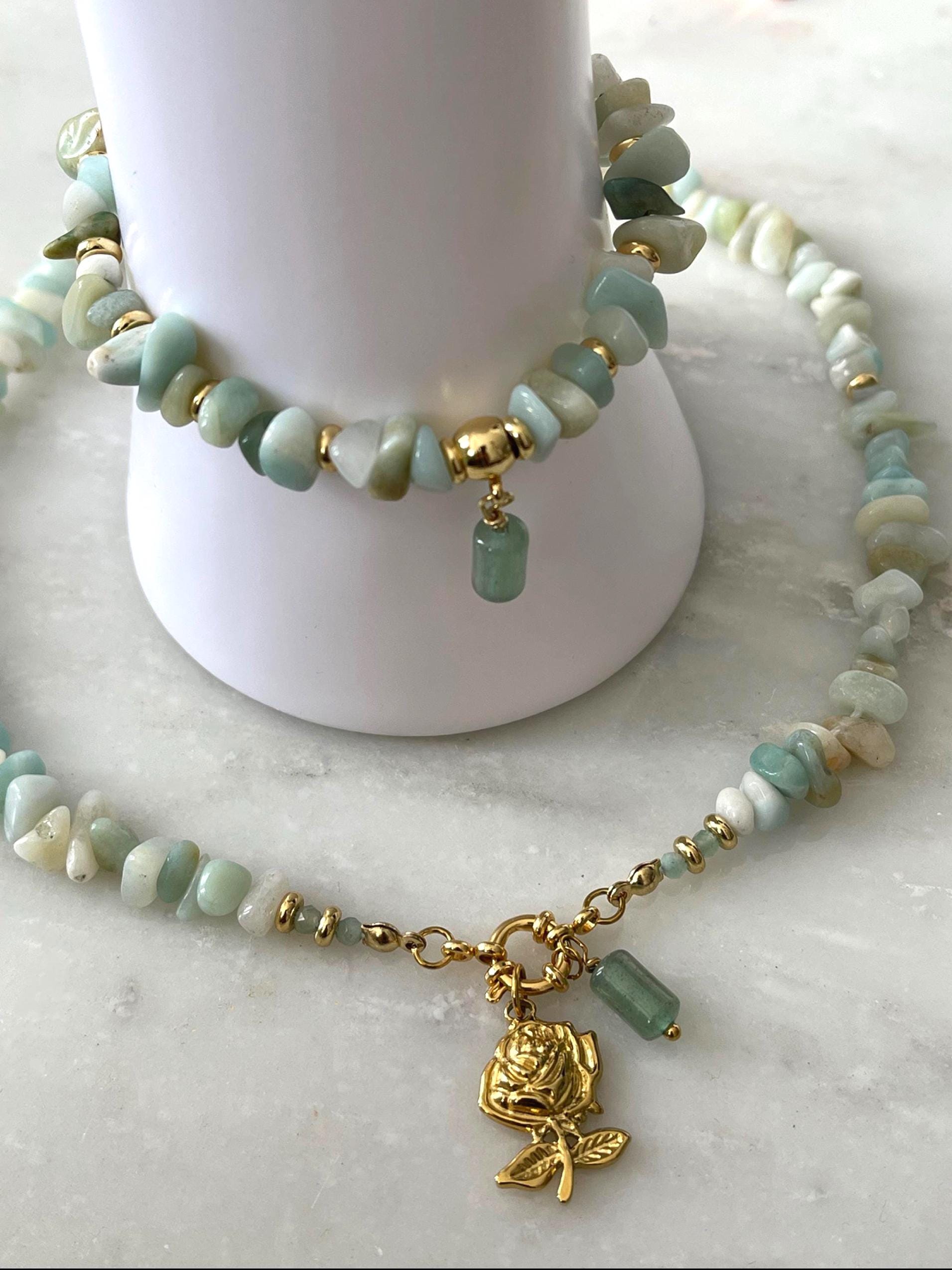 Amazonite Chip Bracelet/Necklace with 18K Gold Plated Rose & Aventurine Pendant – Natural Gemstone Jewelry | SET