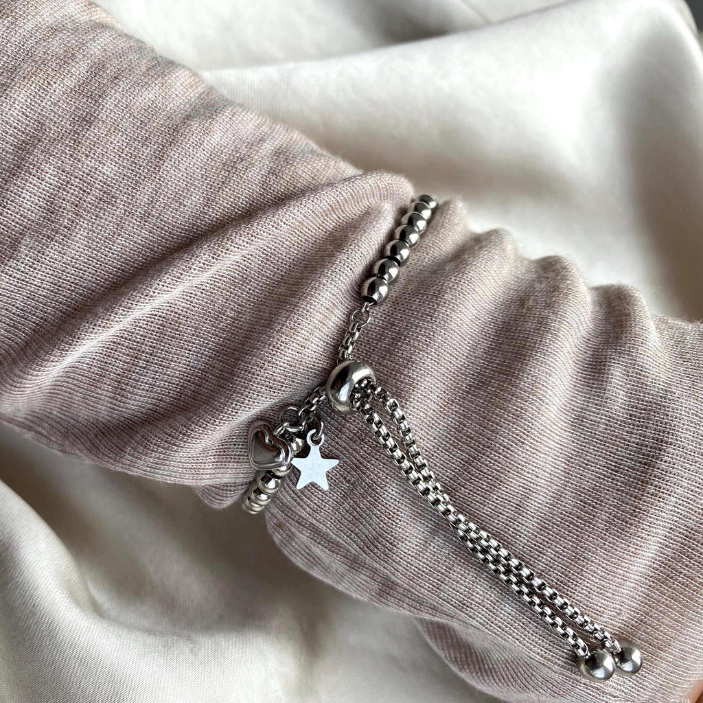 Minimalistische Titanium Steel Armband met Hart en Ster Bedel – Elegant ball beads Design