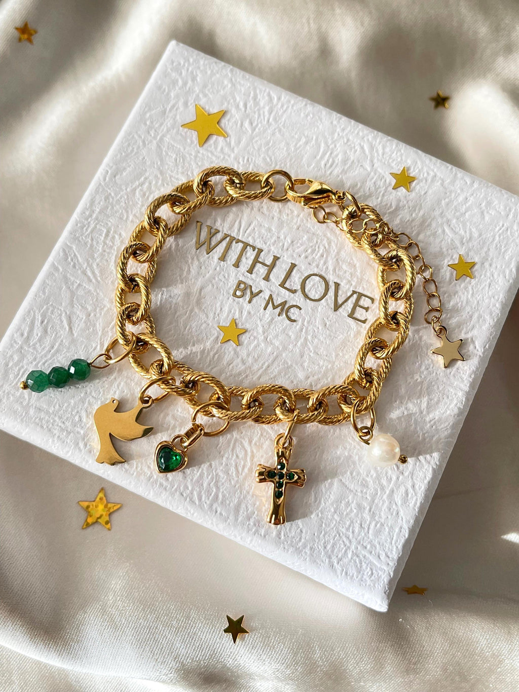 Back in Stock! Stainless steel bedelarmband | Faith,Hope, Love | kruis, zoetwater parel, hart, ster & duif bedels | Stainless steel