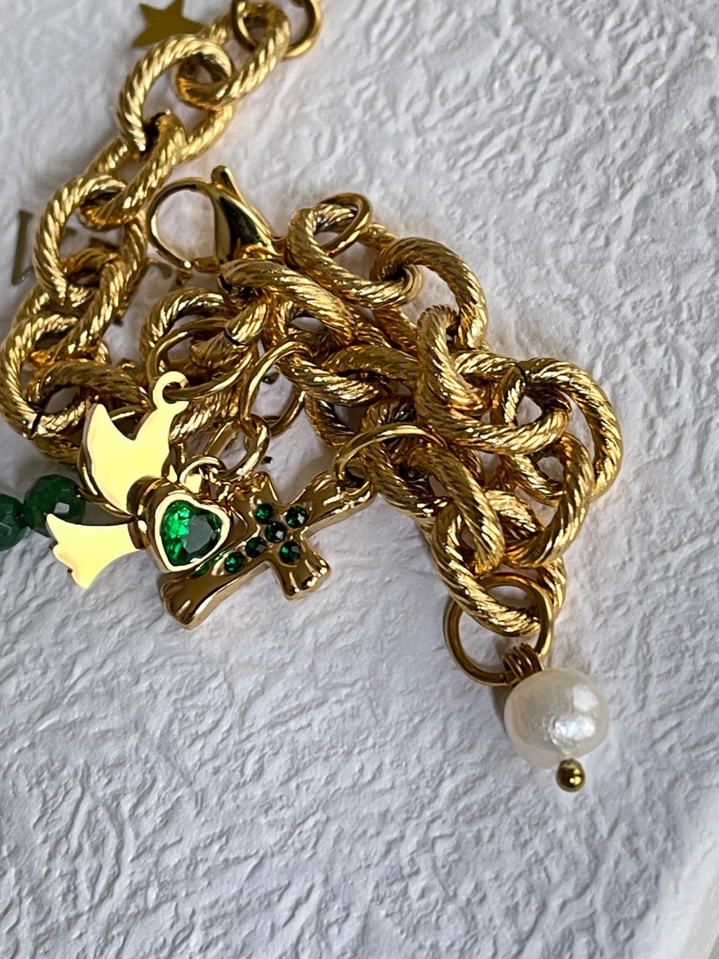 Back in Stock! Stainless steel bedelarmband | Faith,Hope, Love | kruis, zoetwater parel, hart, ster & duif bedels | Stainless steel