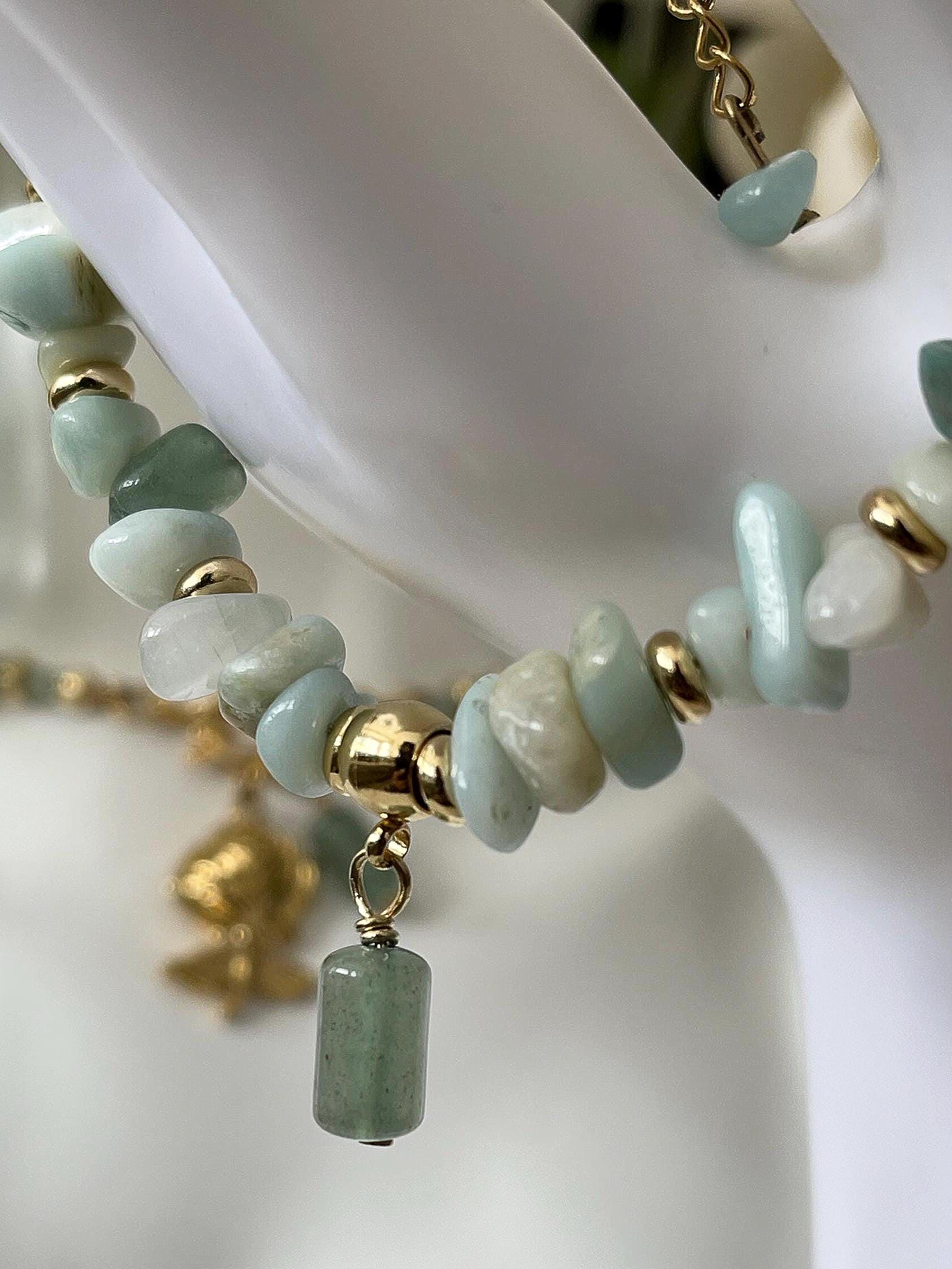 Amazonite Chip Bracelet/Necklace with 18K Gold Plated Rose & Aventurine Pendant – Natural Gemstone Jewelry | SET