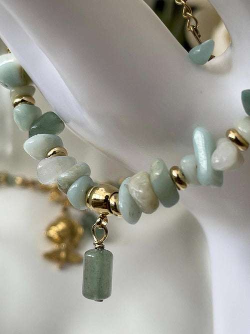 Amazonite Chip Bracelet/Necklace with 18K Gold Plated Rose & Aventurine Pendant – Natural Gemstone Jewelry | SET