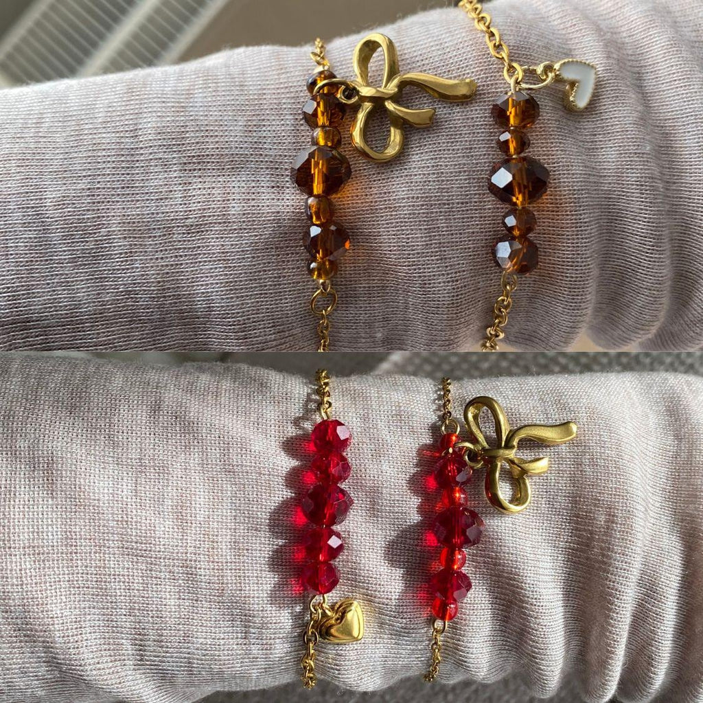 Handgemaakte glas kralen armband – Bow, Heart, bruin & burgundy red, 18K Gold Plated