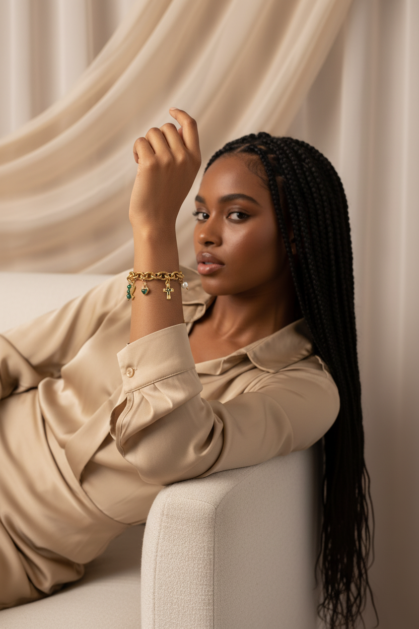 Afrikaans model met vlechten en gedetailleerde Faith Hope Love armband