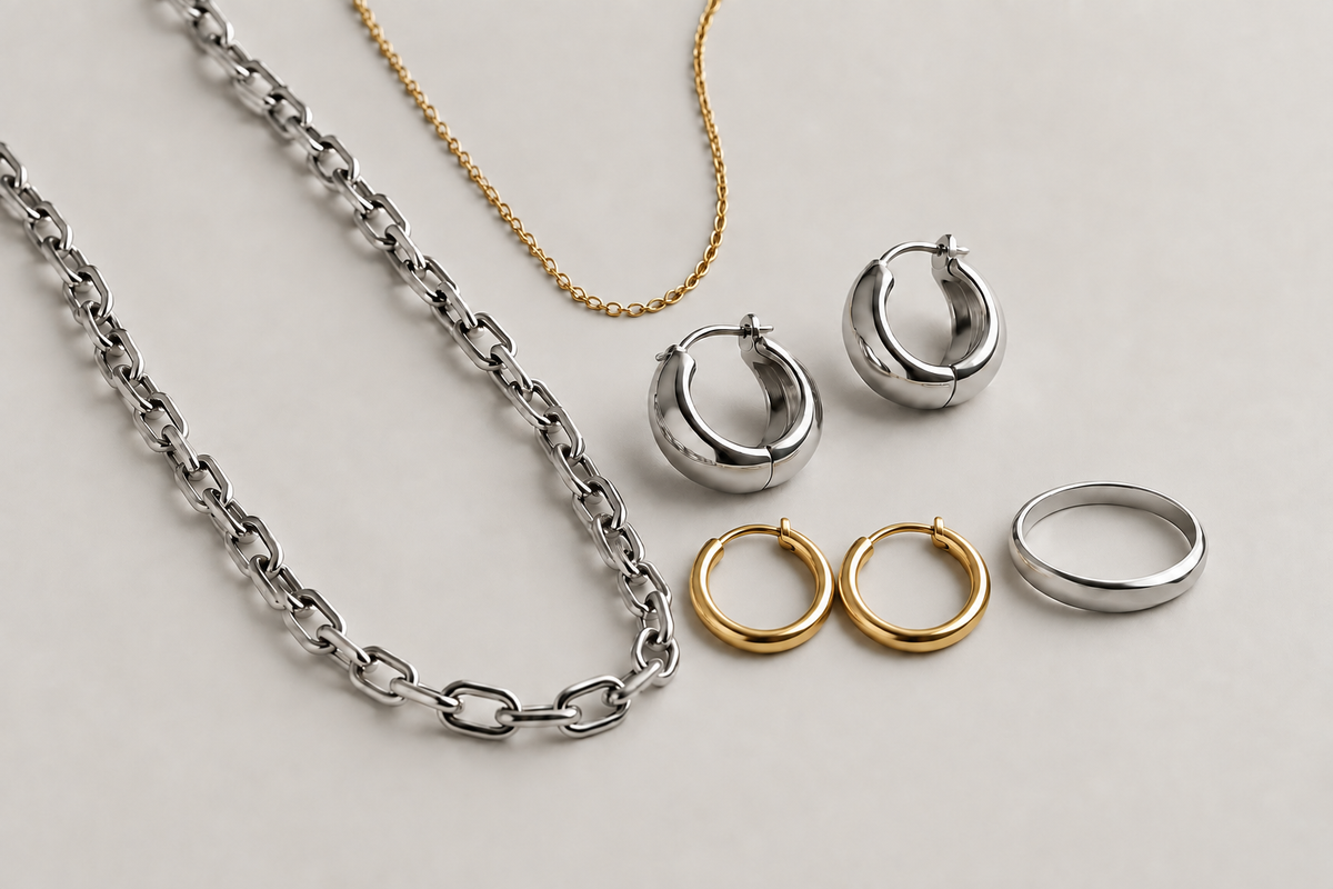 Blogfoto met twee gouden oorbellen en zilveren sieraden