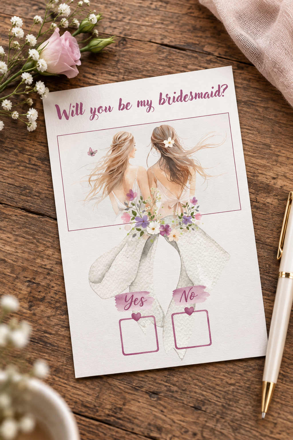 Bridesmaid kaart mockup op houten tafel in 2:3 formaat