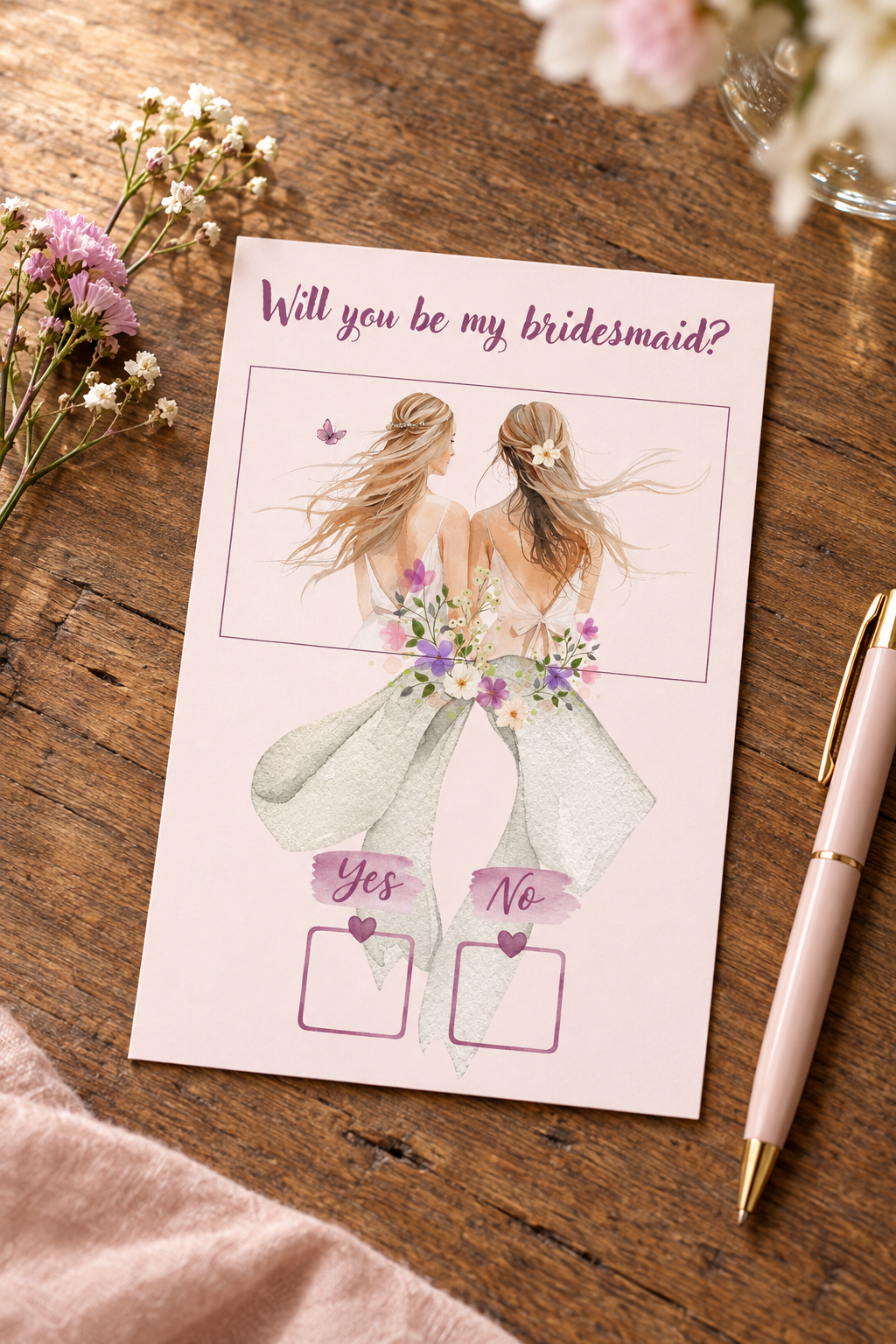 Bridesmaid kaart mockup op houten tafel met roze achtergrond