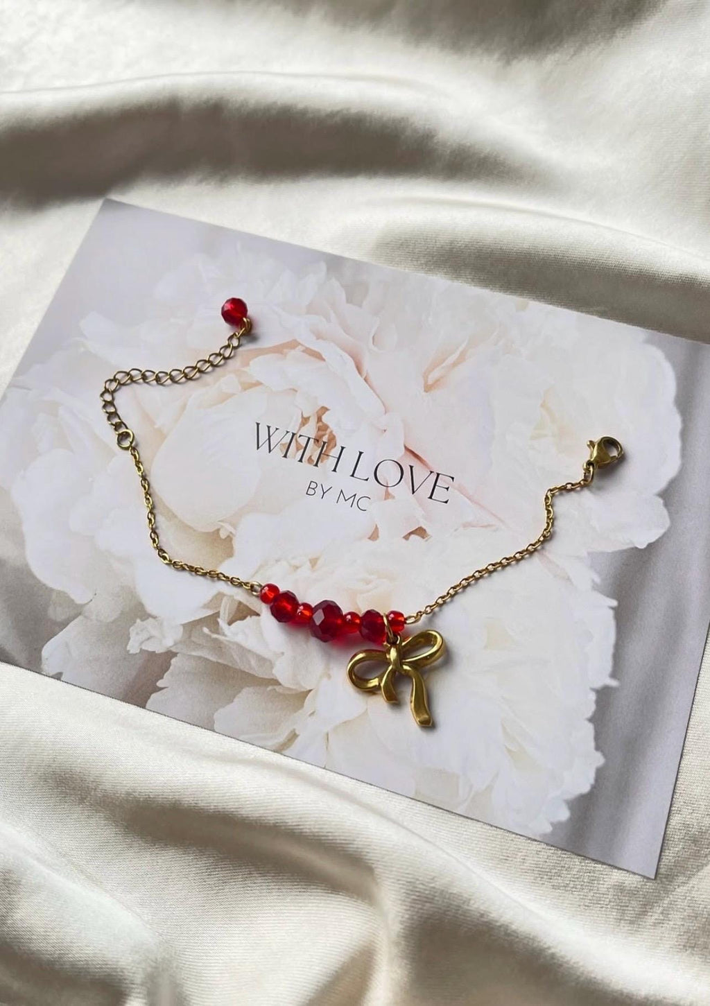 Handgemaakte glas kralen armband – Bow, Heart, bruin & burgundy red, 18K Gold Plated