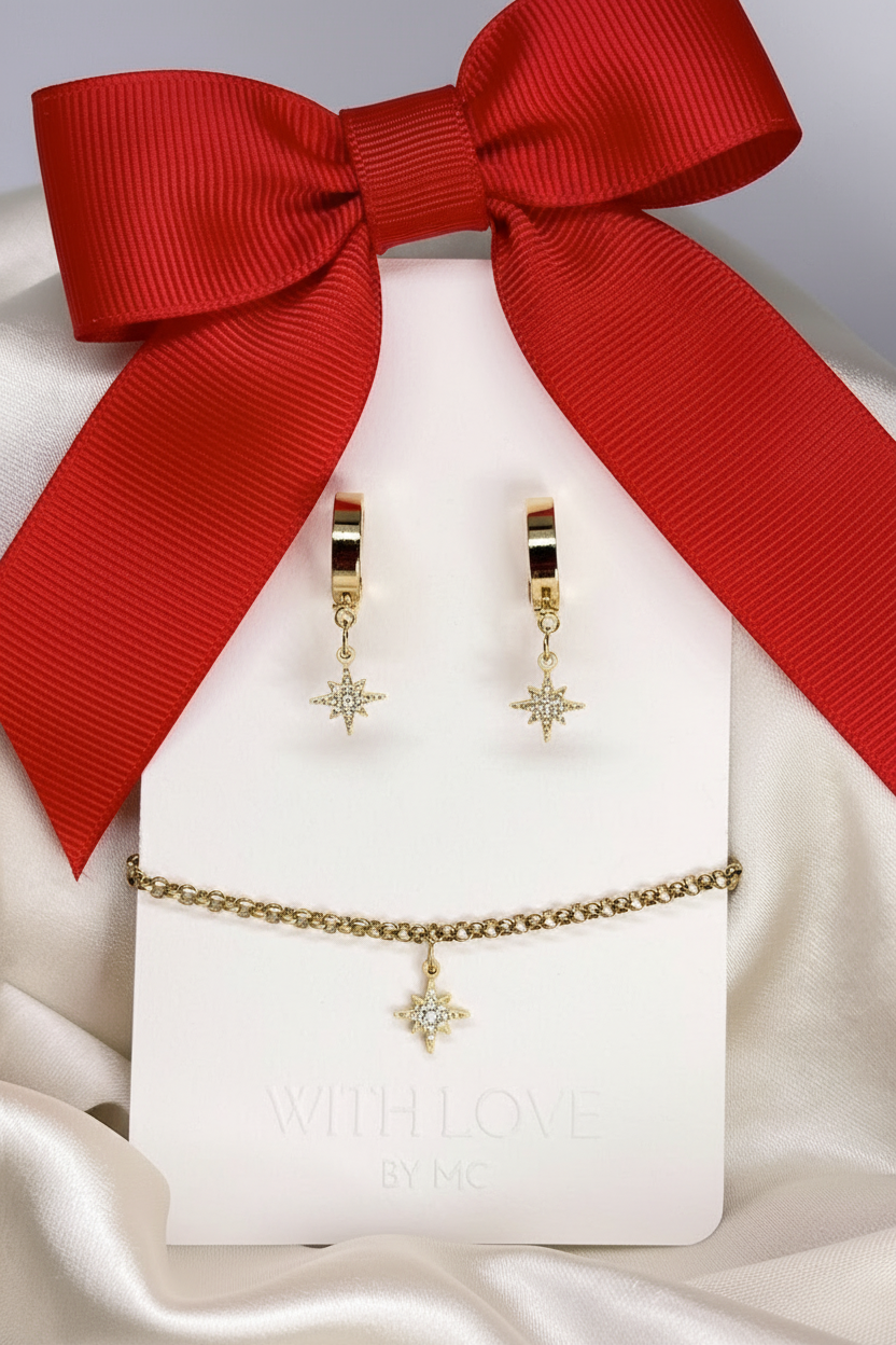 Gold Star Bracelet + Earrings | 14K | Non-Tarnish | minimal | elegant | Christmas | Gift set