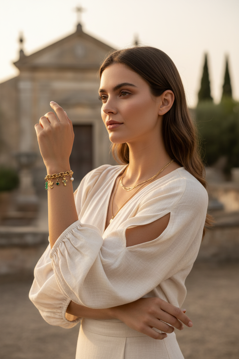 Half body romantische bohemian model met Faith Hope Love armband