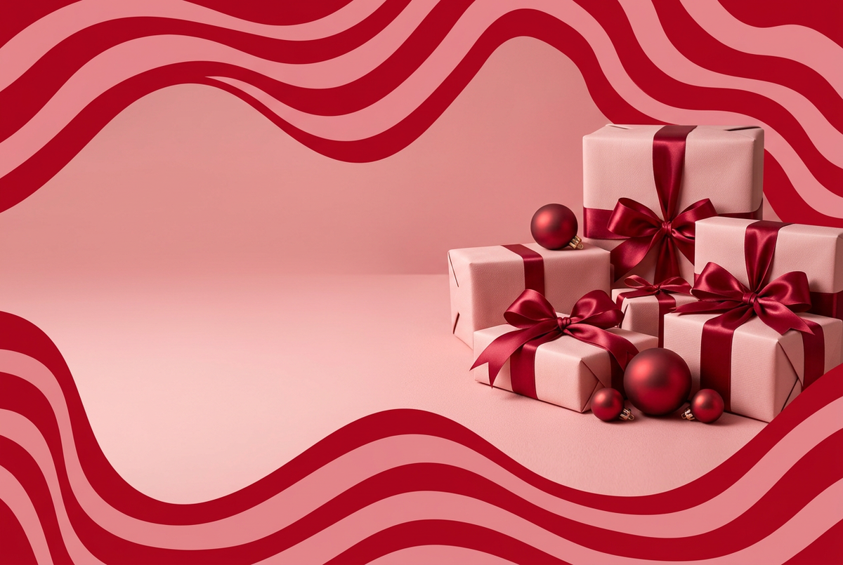 Kerstbanner met roze en rode golvende strepen en cadeaus