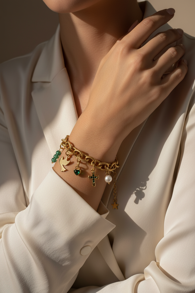 Luxury editorial model met Faith Hope Love armband