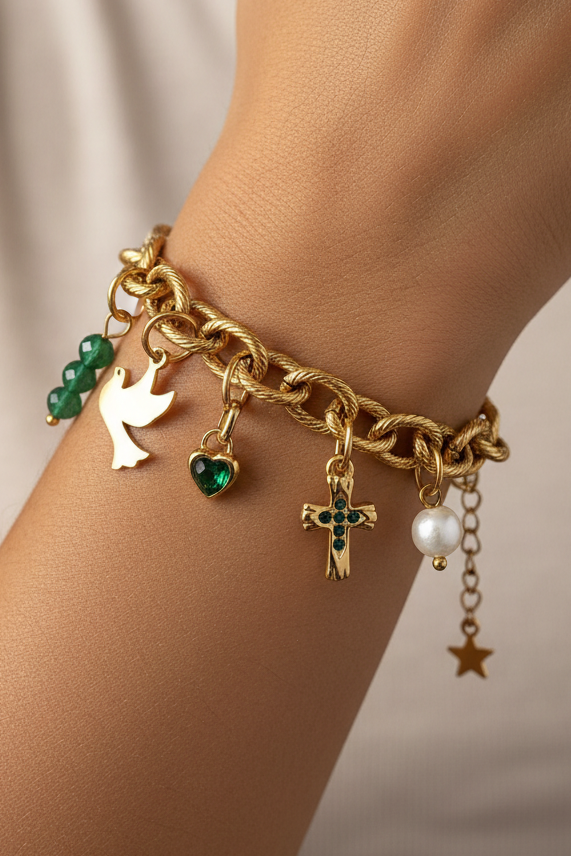 Back in Stock! Stainless steel bedelarmband | Faith,Hope, Love | kruis, zoetwater parel, hart, ster & duif bedels | Stainless steel