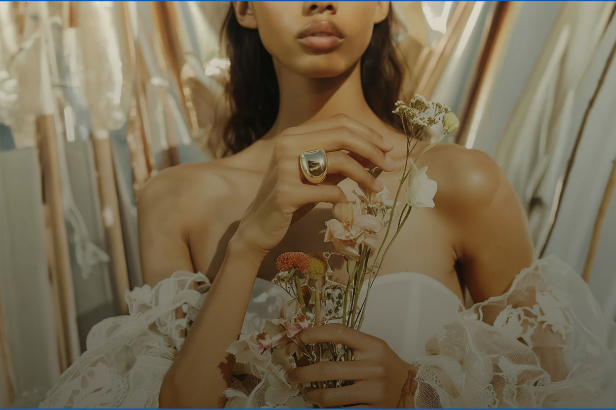 Model met gouden Faith Hope Love bedelarmband en gouden ring