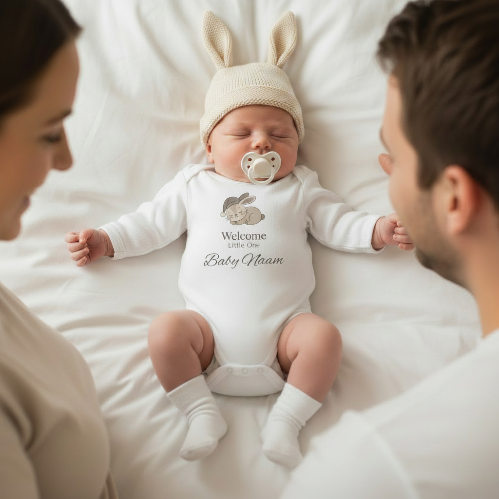 Newborn met speentje en konijnenmutsje